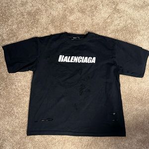 Preowned/ Worn Balenciaga Distressed Logo-Print Cotton-Jersey T-Shirt size L